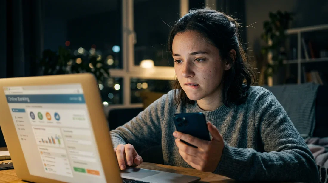 Jeune femme stressée devant son ordinateur portable lors d'un virement bancaire pour une location