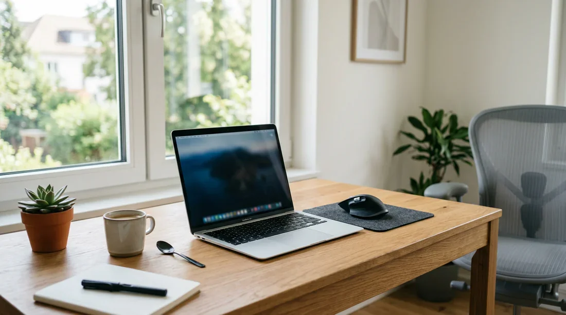 Espace de travail moderne et minimaliste Espace de travail moderne et professionnel avec un ordinateur portable sur un bureau en bois épuré.