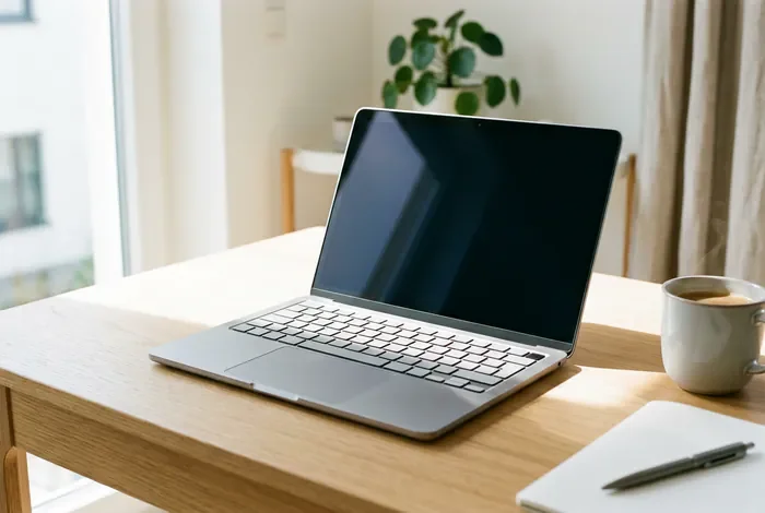 Gros plan sur un ordinateur portable moderne sur un bureau lumineux.