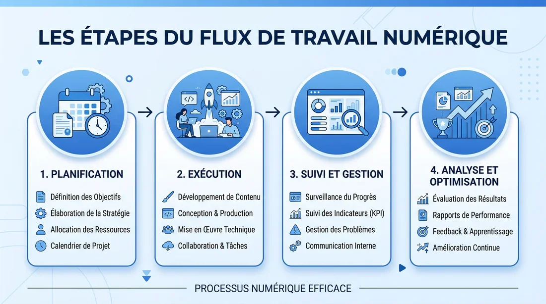 Schéma du processus de travail numérique Infographie illustrant les étapes d'un flux de travail numérique efficace.