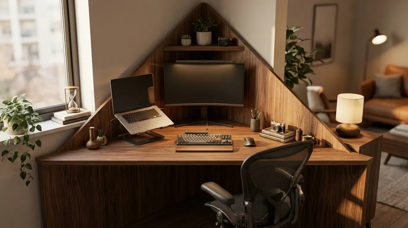 Bureau triangulaire sur mesure installé dans un angle fermé pour le télétravail