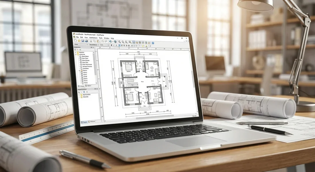 test-archifacile-logiciel-plan Interface du logiciel ArchiFacile affichant un plan de maison détaillé sur un ordinateur portable.