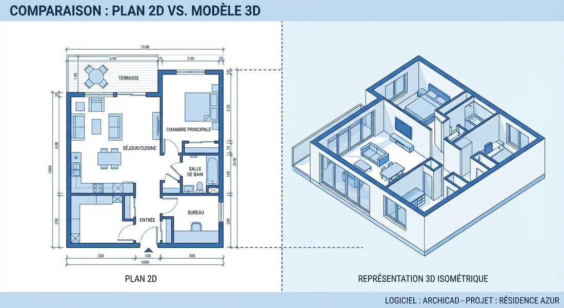 Comparaison 2D et 3D ArchiFacile Visualisation d'un plan en 2D et en 3D dans le logiciel.