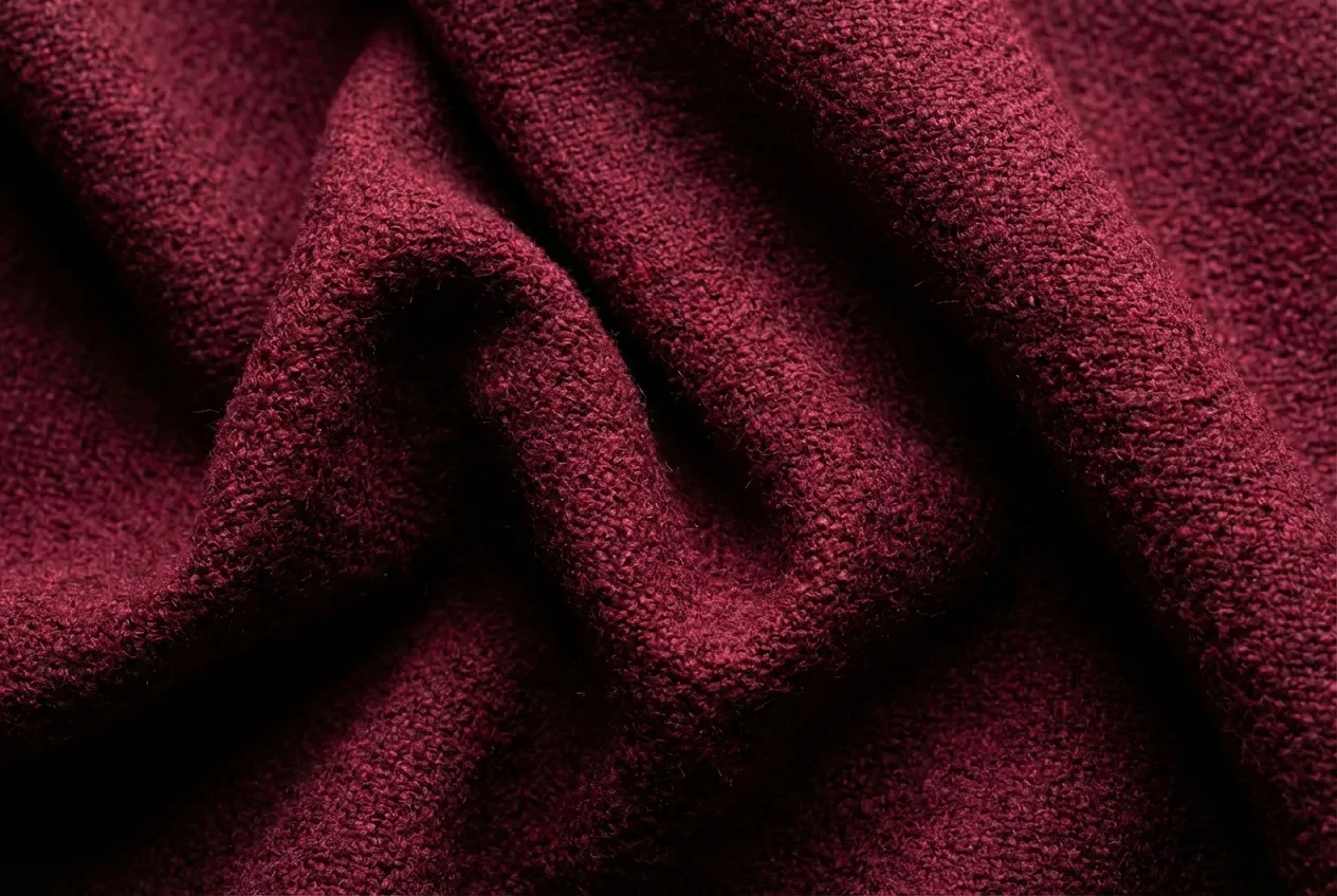 Gros plan sur la texture épaisse et le tissage d'un rideau acoustique performant