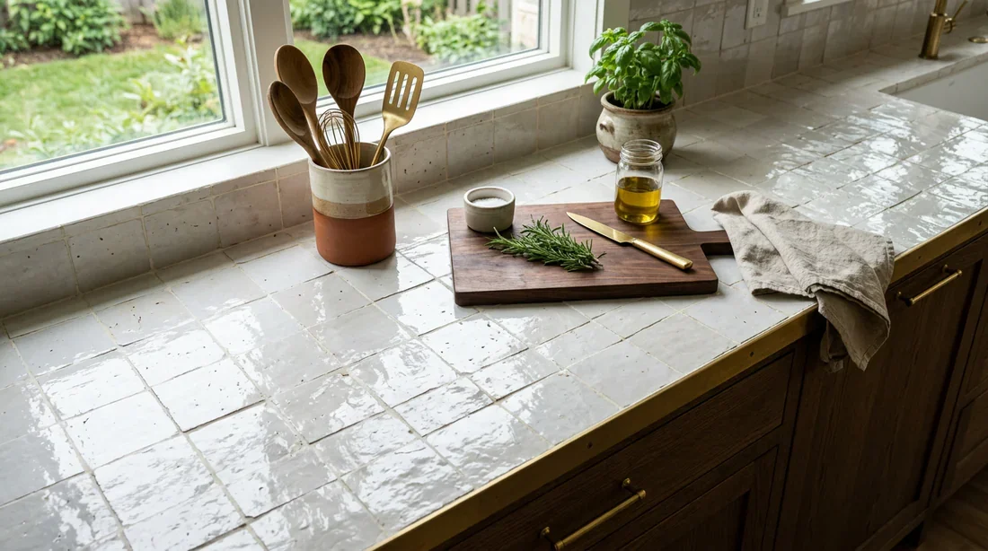 Crédence cuisine moderne en Zellige irisé Cuisine moderne avec une crédence en carreaux de Zellige irisés lumineux