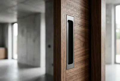 Gros plan sur une porte coulissante en bois solution gain de place et intimité