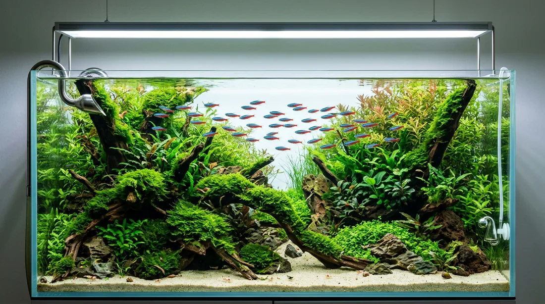 Aquarium planté aquascaping avec végétation dense et poissons néons