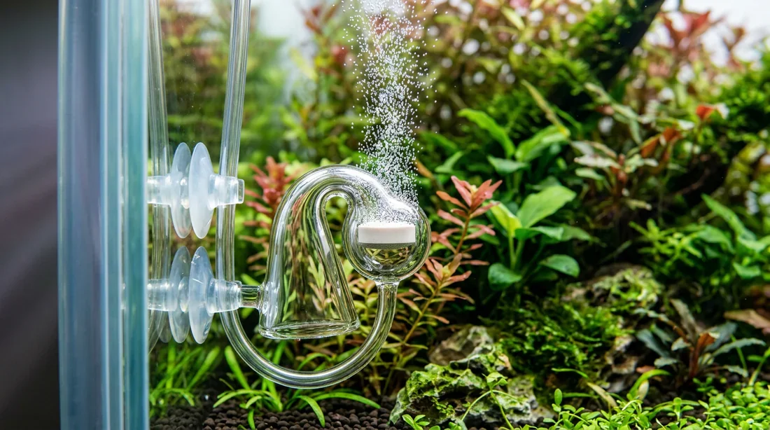 Diffuseur de CO2 en action dans un aquarium planté