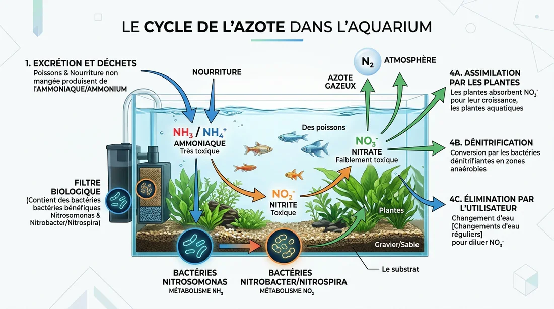 Schéma explicatif du cycle de l'azote en aquarium