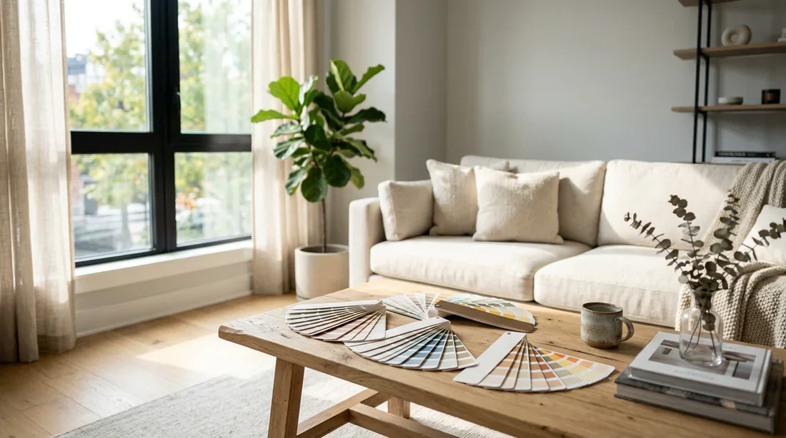 Salon moderne avec des nuanciers de peinture sur une table en bois clair