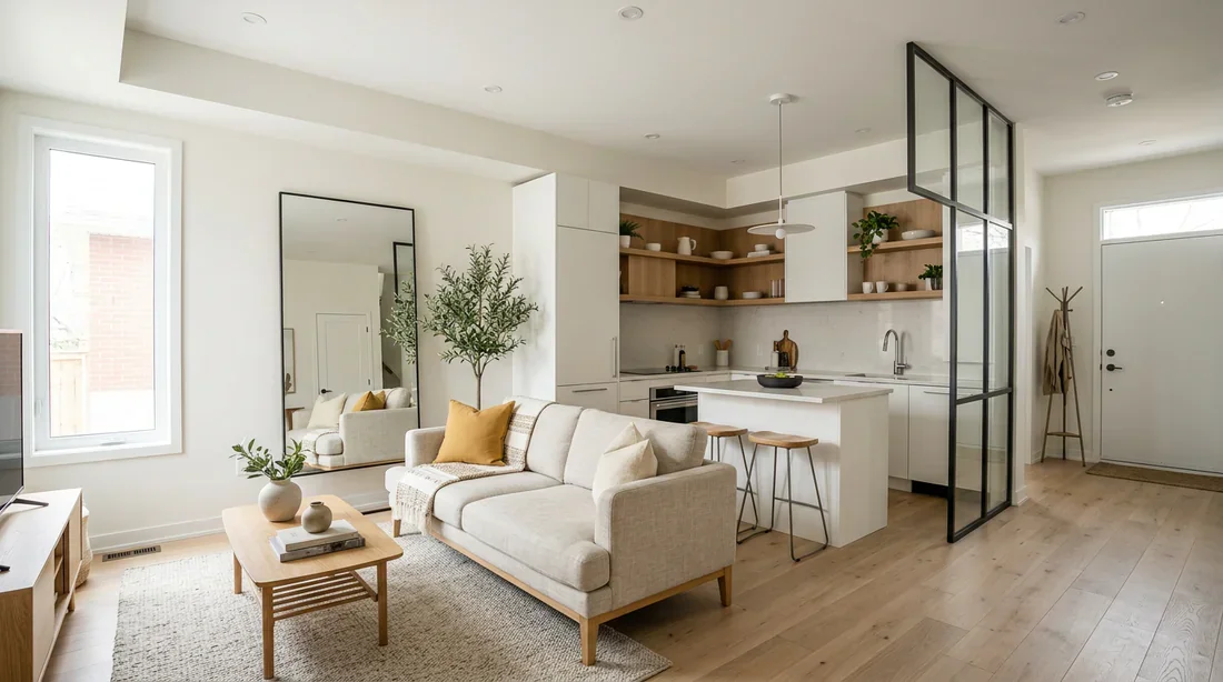 Aménagement d'une petite maison moderne lumineuse Intérieur de petite maison moderne lumineuse avec aménagement ouvert