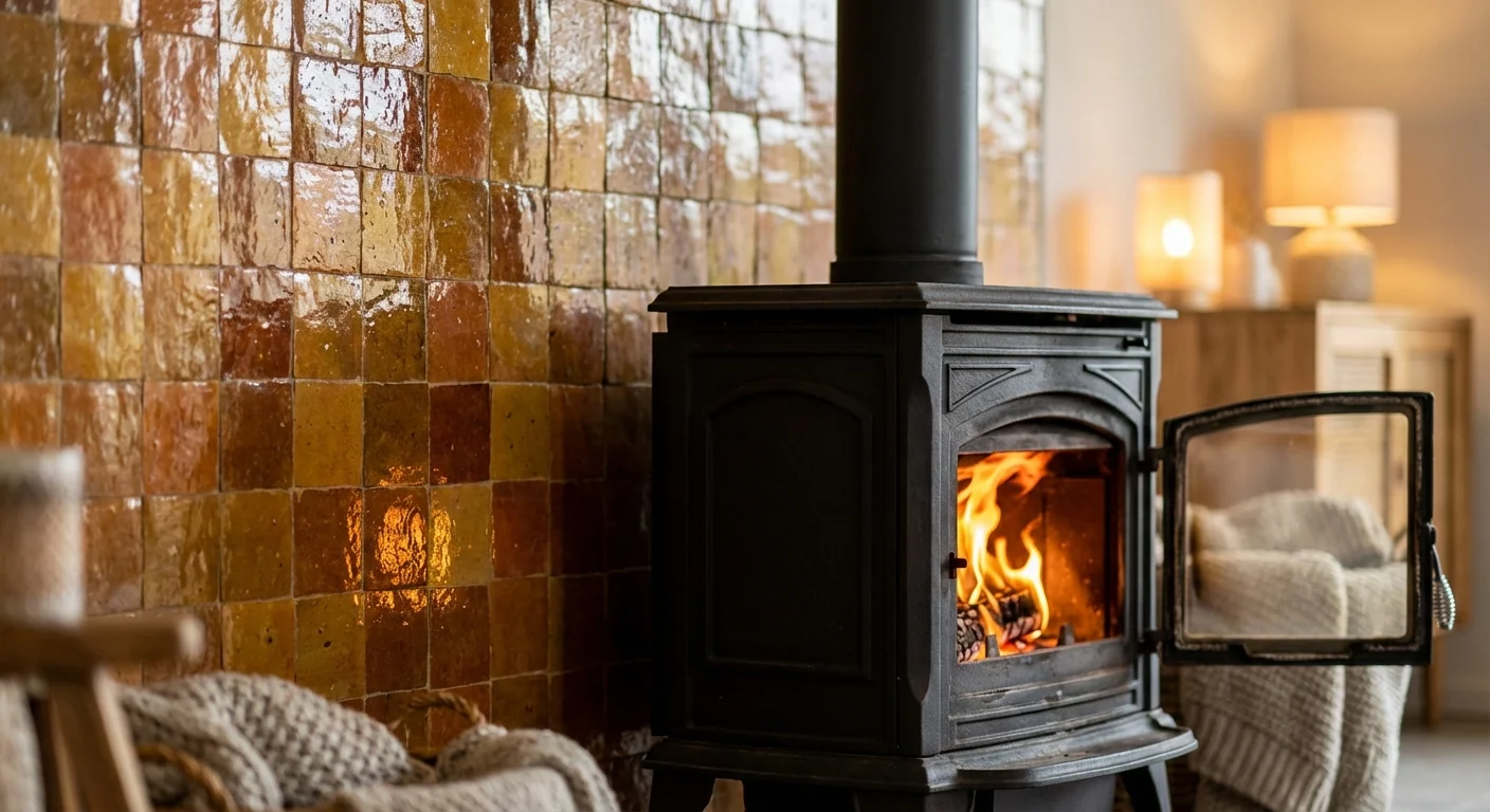 Détail de carreaux de Zellige artisanaux reflétant la lumière du feu derrière un poêle.