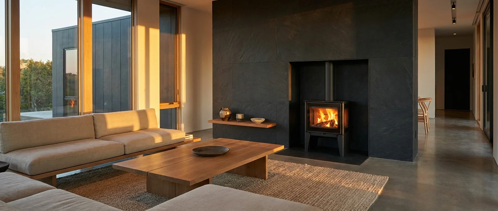 Salon luxueux avec un poêle moderne installé devant un mur de parement en ardoise sombre sous une lumière cinématographique.
