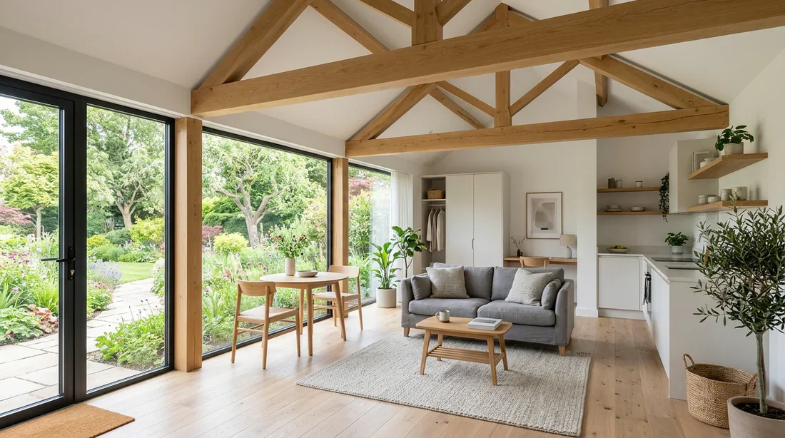 Intérieur studio extension bois Aménagement intérieur d'une extension au-dessus d'un garage