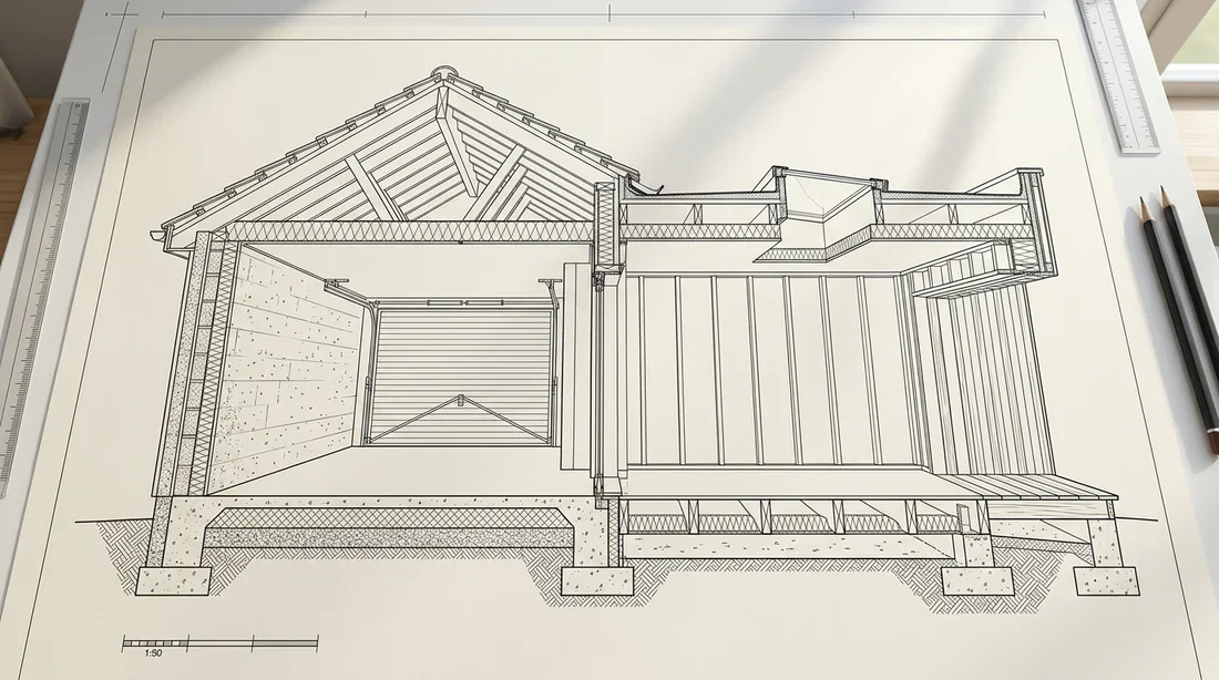 Détails techniques ossature bois Coupe technique d'une extension de garage en bois