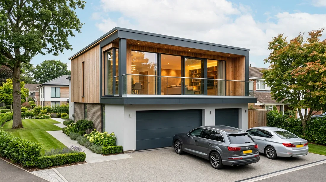 Extension de garage moderne en ossature bois Garage double moderne avec extension en ossature bois à l'étage