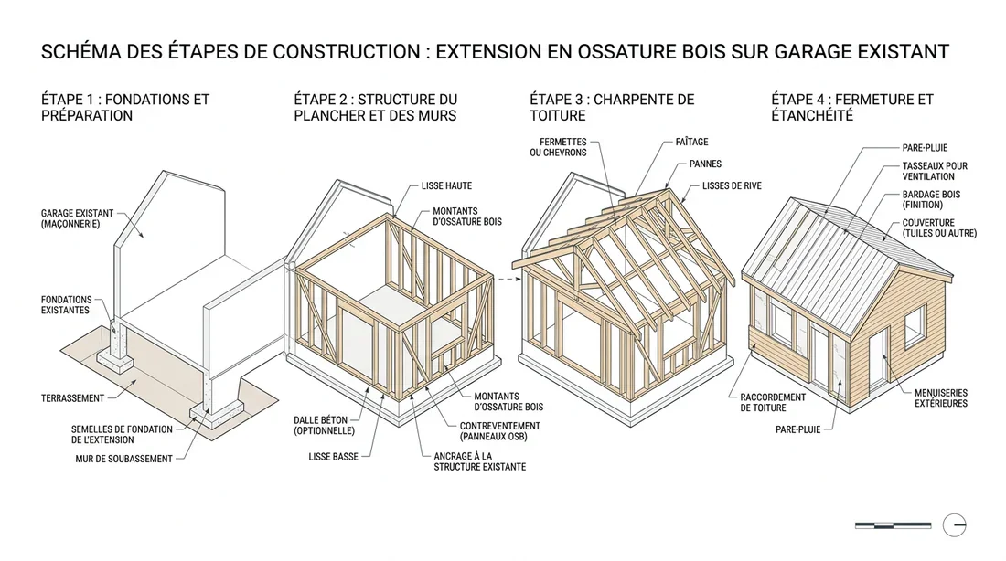Étapes de construction extension garage Schéma des étapes de construction d'une extension de garage