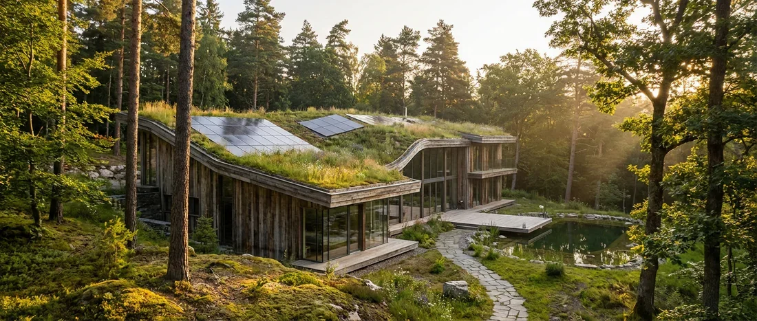 Architecture durable et design de maison moderne Maison moderne écologique en bois et verre avec toit végétalisé et panneaux solaires dans un paysage verdoyant.
