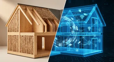 Vue en coupe montrant la structure bois et la connectivité intelligente d'une maison.