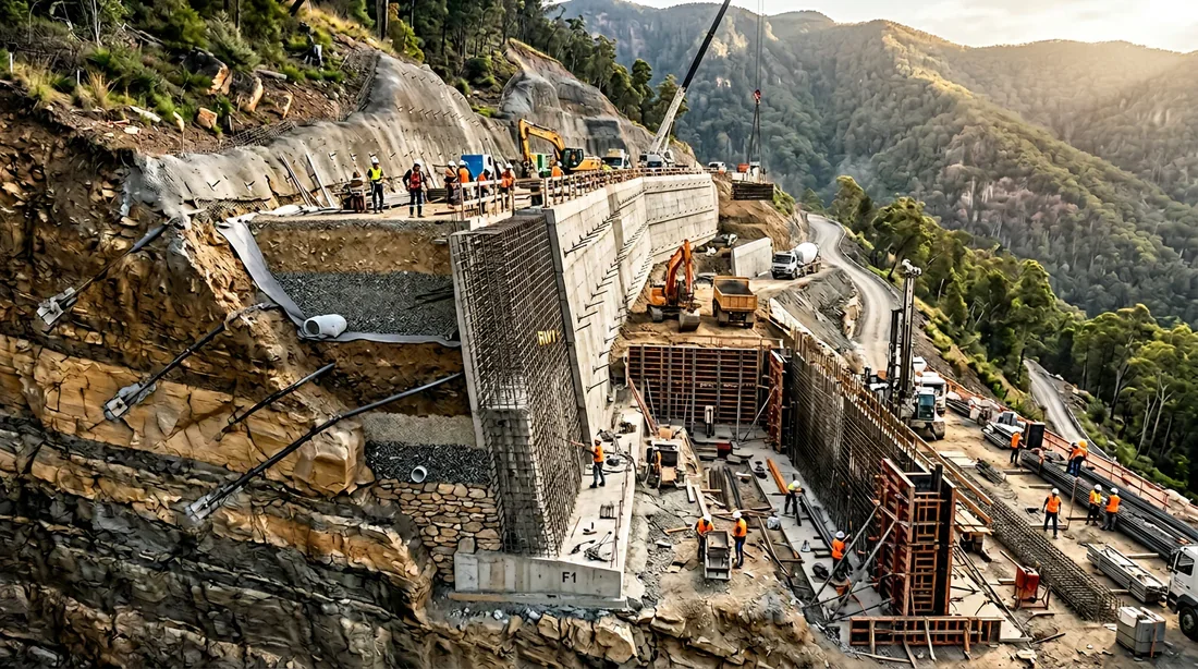 Fondations et murs de soutènement pour maison sur colline