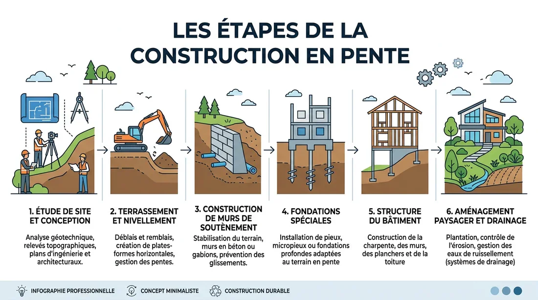 Schéma des étapes de construction sur terrain en pente
