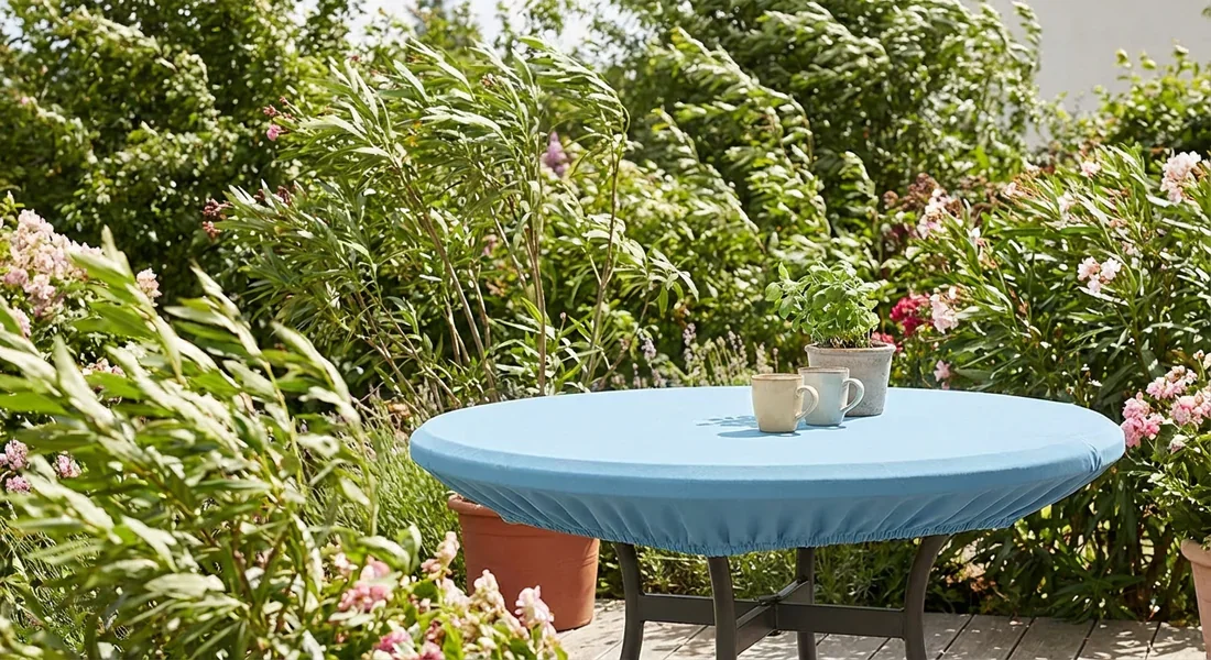 Résistance au vent de la nappe élastiquée Nappe élastique restant en place malgré le vent sur une terrasse.
