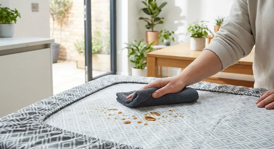 Entretien de la nappe de table Nettoyage facile d'une tache sur une nappe imperméable.