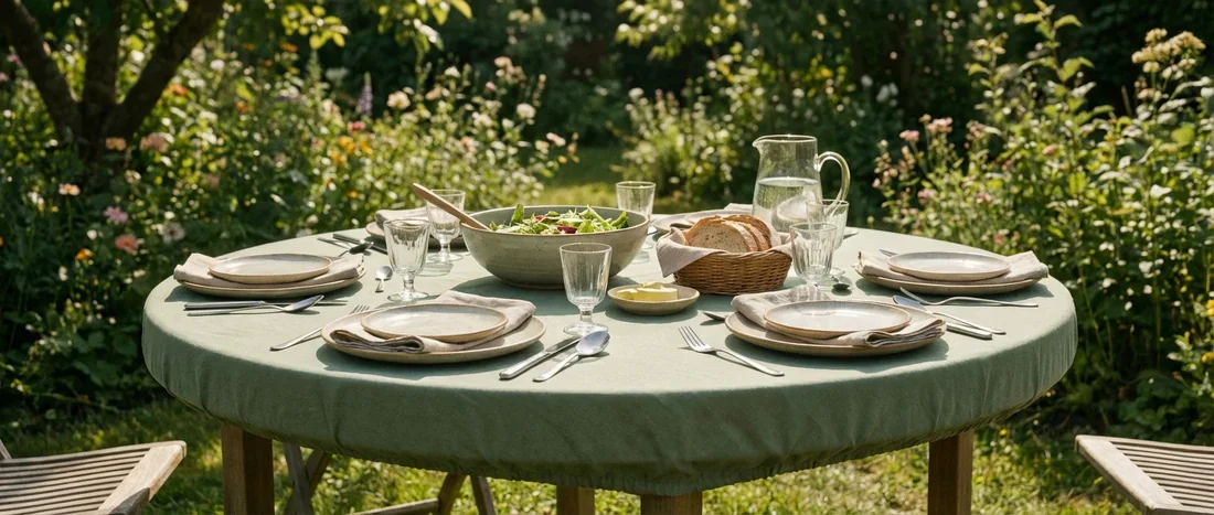 Nappe élastiquée moderne pour table ronde de jardin Table de jardin ronde en bois avec nappe élastiquée vert sauge parfaitement ajustée pour un déjeuner au soleil.