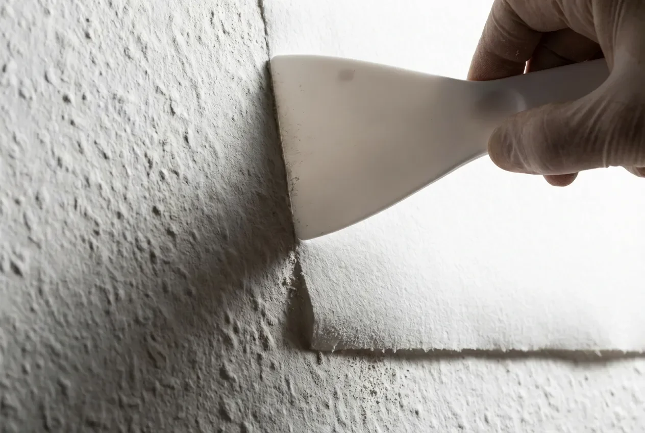 Gros plan sur le marouflage d'un papier de rénovation sur un mur en relief