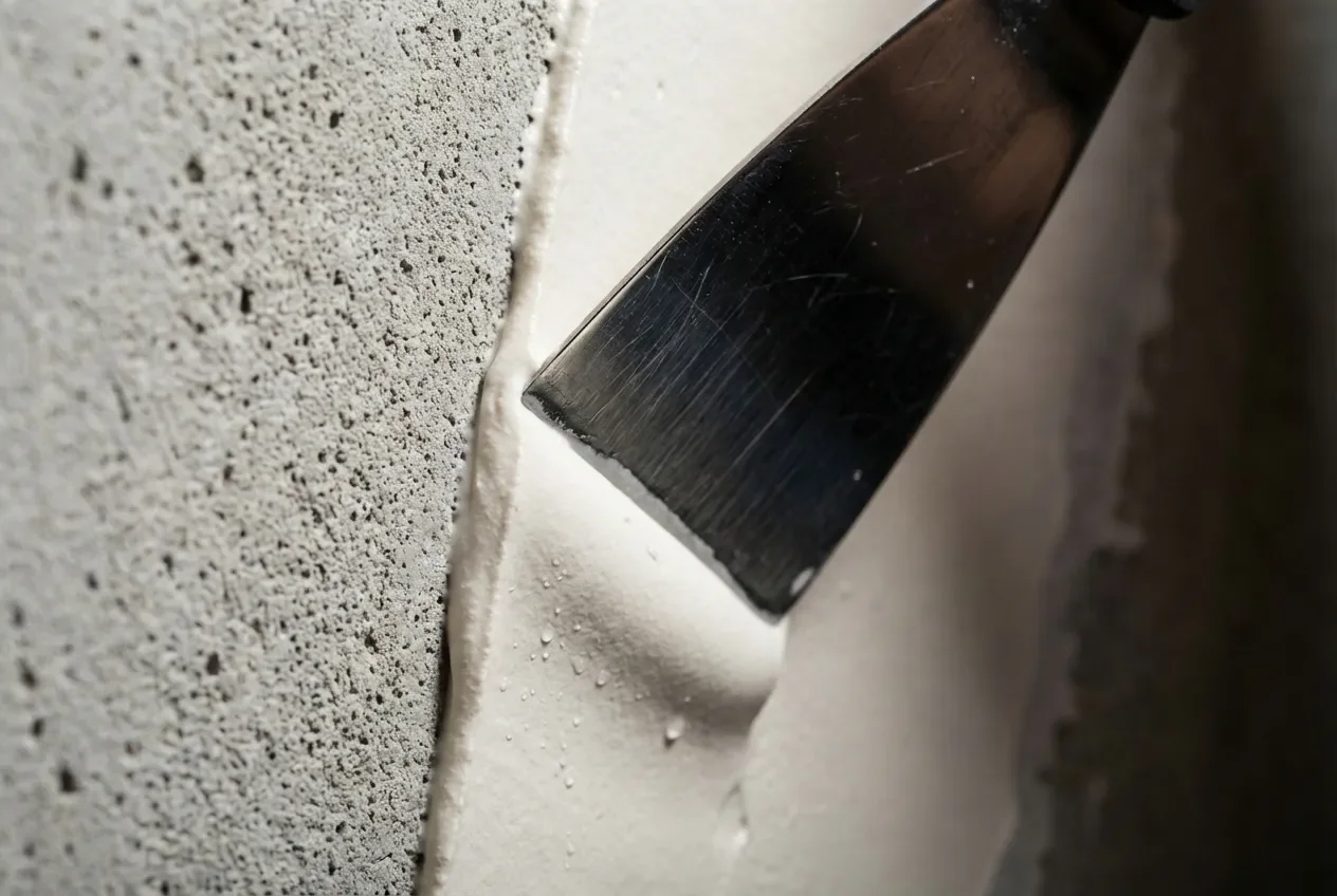 Gros plan sur l'application d'un enduit de lissage sur un mur à relief