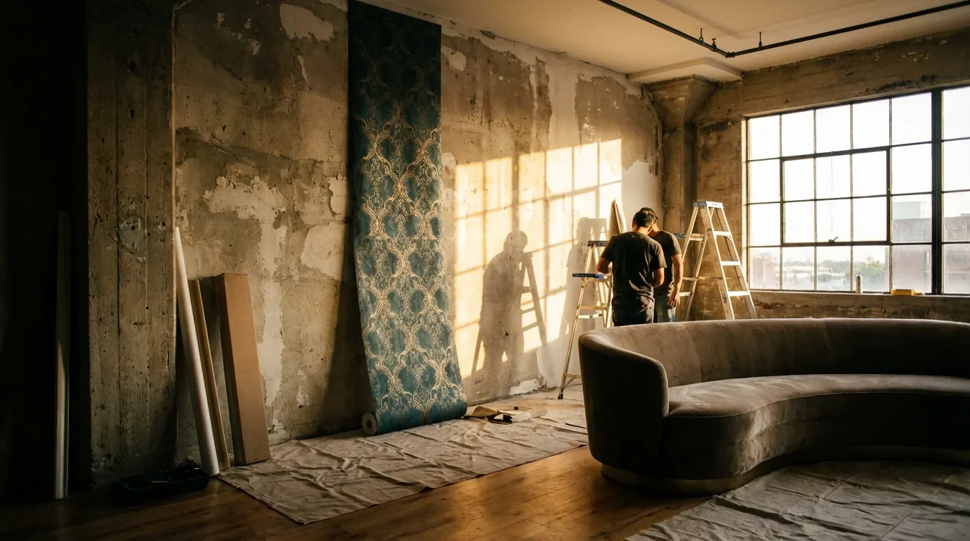 Pose de papier peint sur un mur granuleux en cours de rénovation dans un salon lumineux