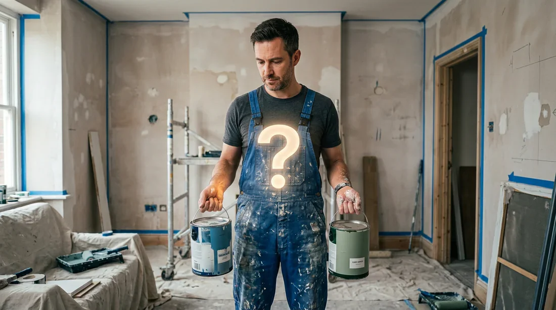 Choisir sa peinture : les différences essentielles Peintre hésitant entre deux types de peinture pour des travaux de rénovation