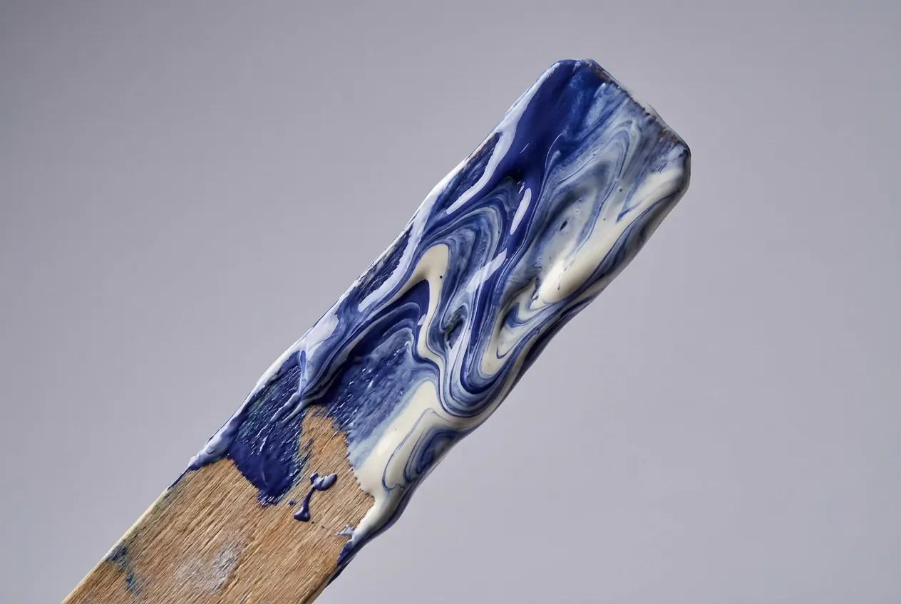 Peut-on mélanger 2 peintures différentes ? Guide complet Gros plan sur un bâtonnet de mélange enduit de peinture bleue et blanche