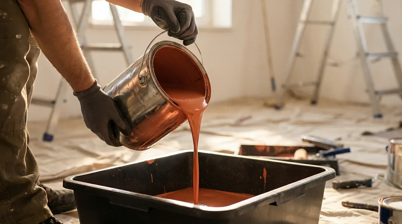 Mains versant délicatement de la peinture terracotta dans un bac à peinture lors de travaux