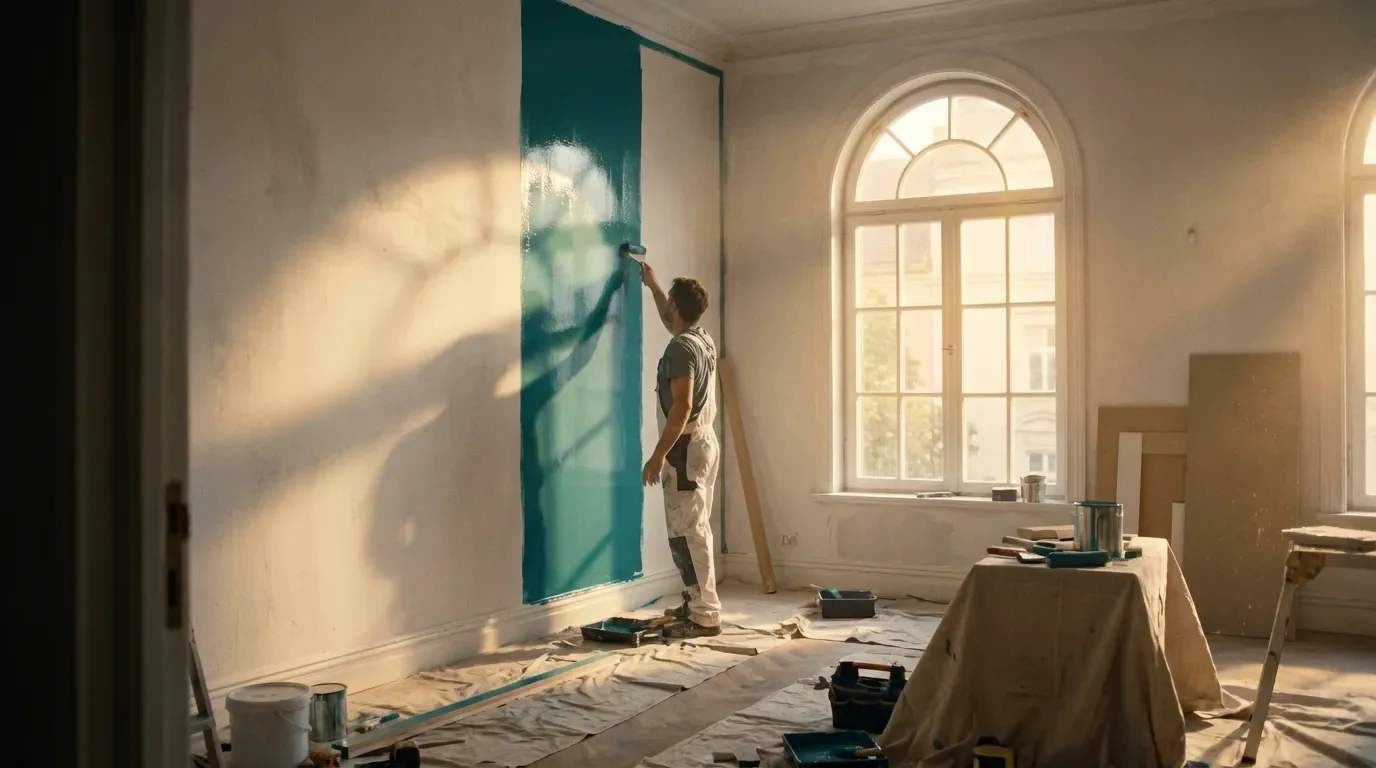 Application de peinture brillante sur un mur mat lors d'une rénovation intérieure