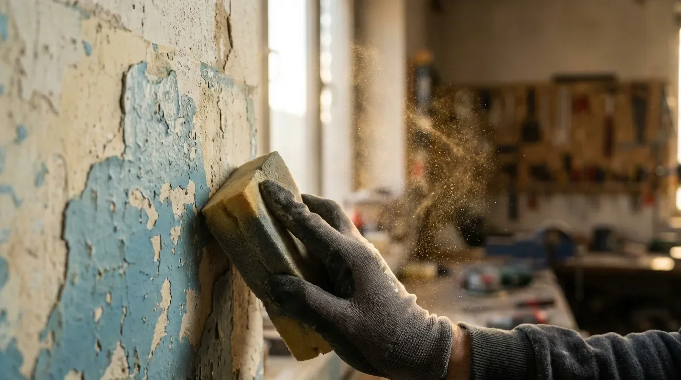 Ponçage d'un mur peint pour préparation avant nouvelle couche