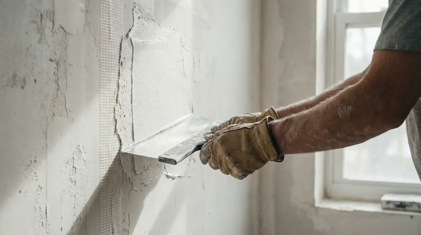 Artisan appliquant un enduit de garnissage pour masquer la texture de la fibre de verre