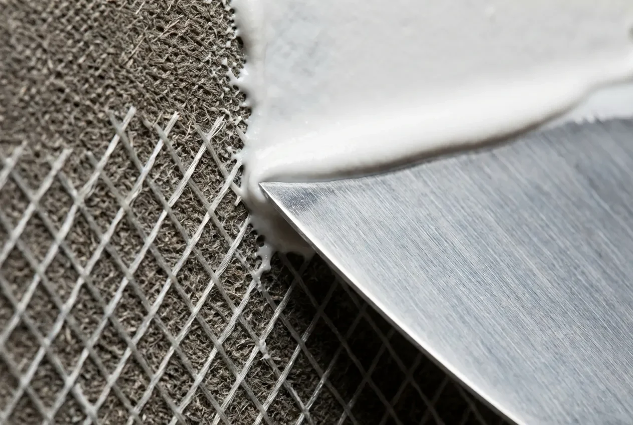 Gros plan sur une spatule appliquant de l'enduit sur un mur texturé en fibre de verre