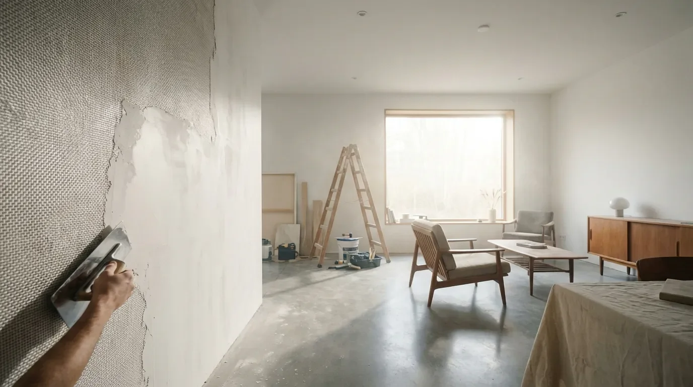 Vue d'ensemble d'une pièce lumineuse en rénovation montrant un mur en fibre de verre en cours de lissage
