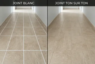 Comparaison de carrelage beige avec joint blanc versus joint ton sur ton
