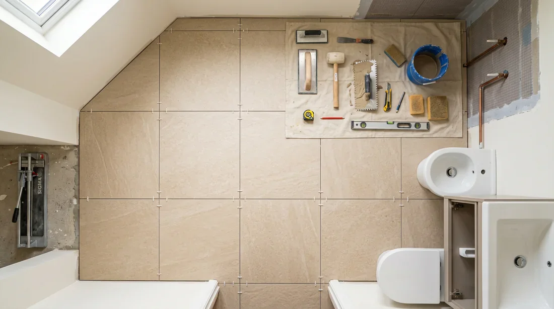 Installation de carrelage beige dans une salle de bain