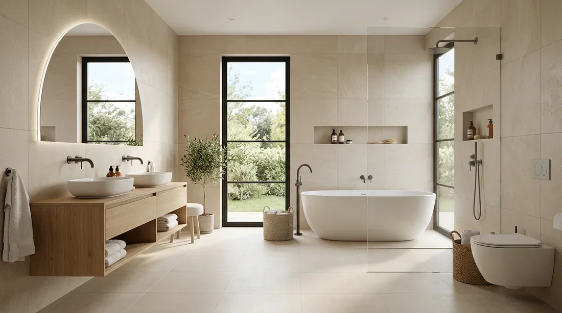Salle de bain moderne et lumineuse avec carrelage beige et joints invisibles