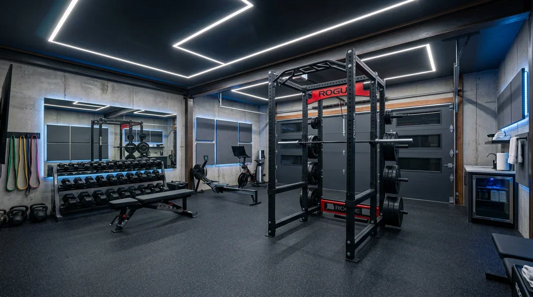 Garage transformé en salle de sport moderne Garage moderne aménagé en salle de sport haut de gamme avec équipement professionnel