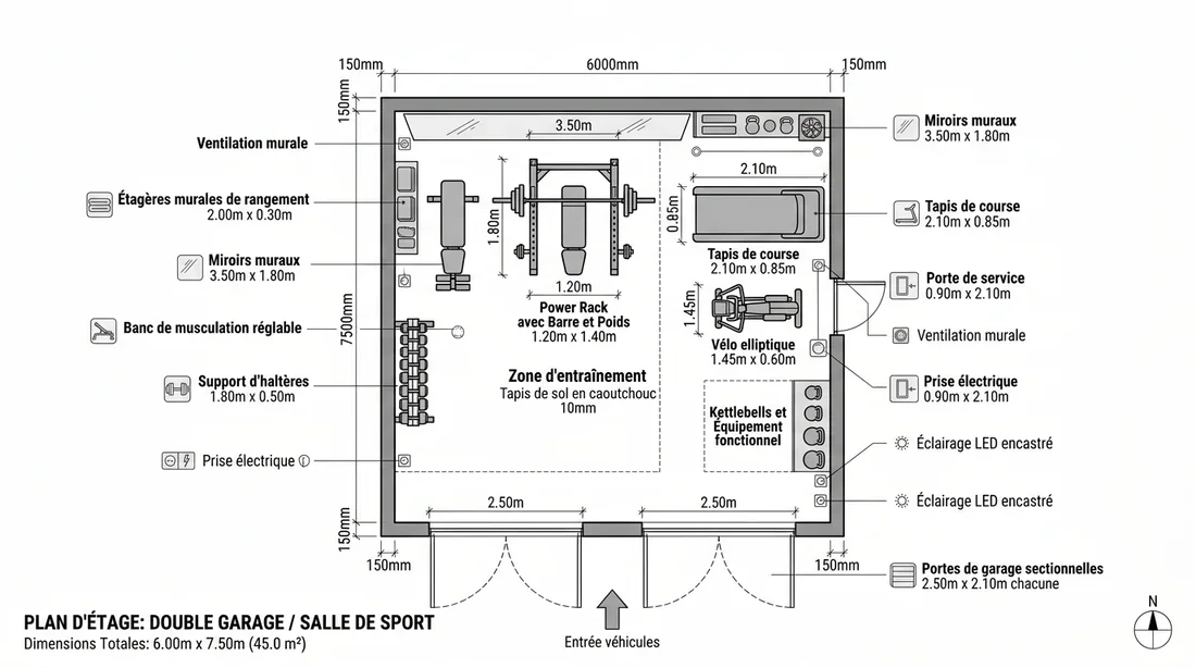 Plan de garage fitness Plan d'aménagement optimisé pour un garage fitness