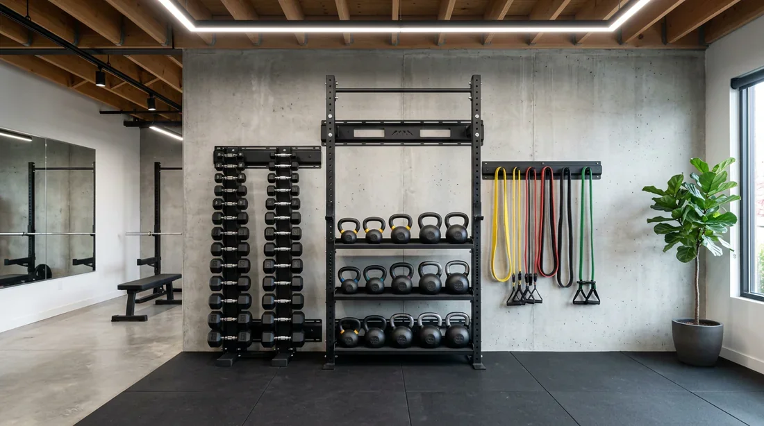 Optimisation du rangement mural garage Rangement mural organisé pour accessoires de fitness