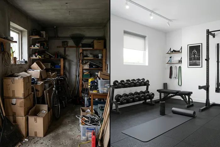 Transformation avant après d'un garage encombré en salle de sport organisée