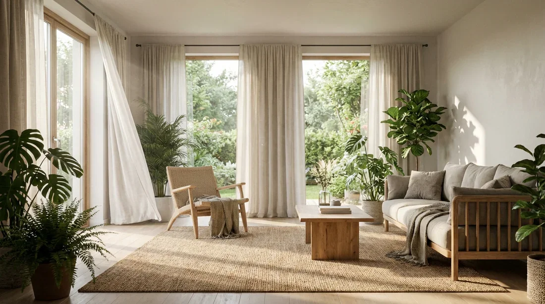 Intérieur de salon lumineux et écologique avec plantes vertes et matériaux naturels