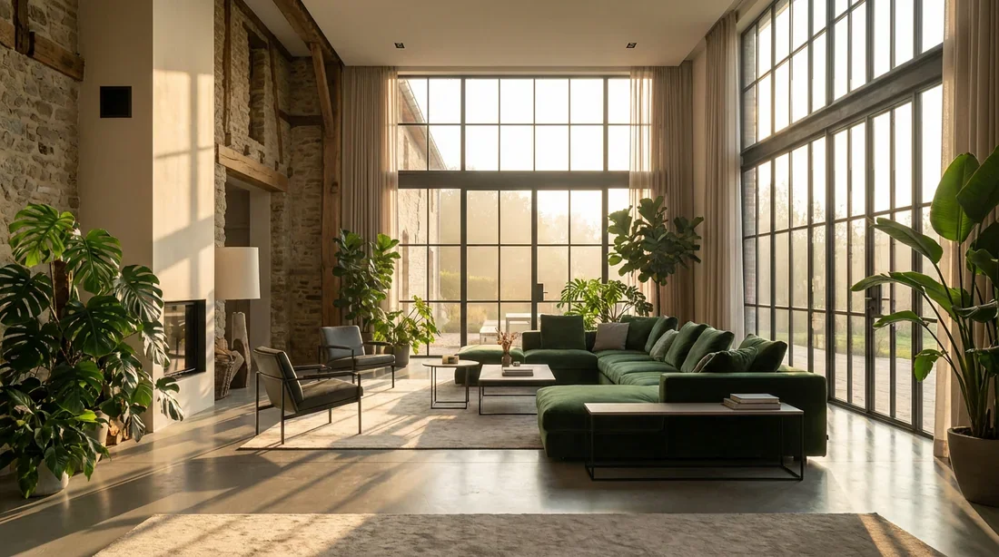 Salon spacieux et lumineux avec décoration contemporaine et lumière naturelle