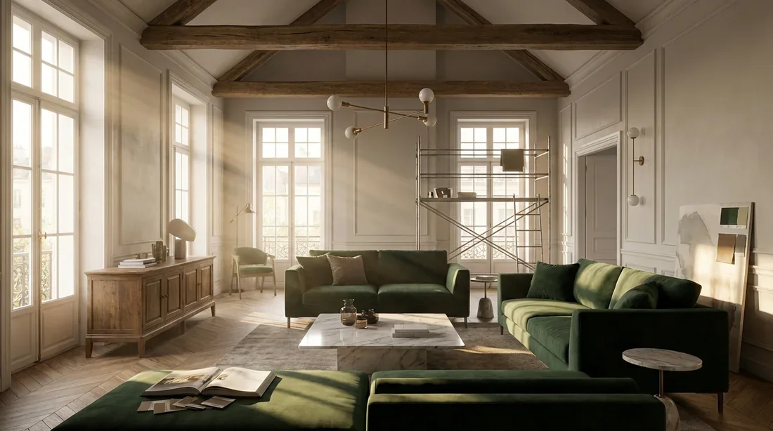 Intérieur de salon spacieux et lumineux alliant mobilier ancien restauré et décoration moderne