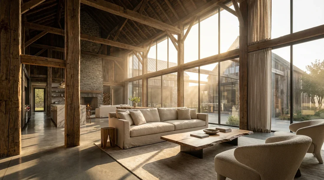 Intérieur de maison luxueuse métamorphosée alliant poutres rustiques et architecture moderne vitrée